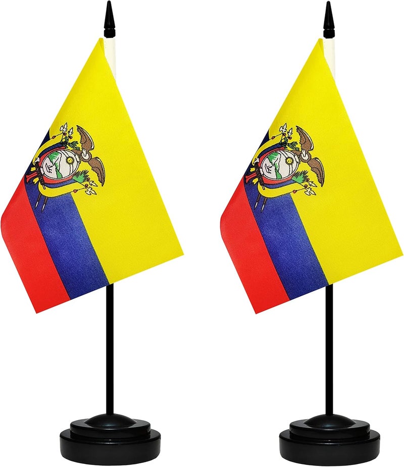 BCLin Ecuador Desk Flag Set, 2 Pack Ecuadorian Table Office Flags, Small Mini Desktop Flag With 12" Solid Black Pole, Black Base, Miniature Desktop Flag - Image 1